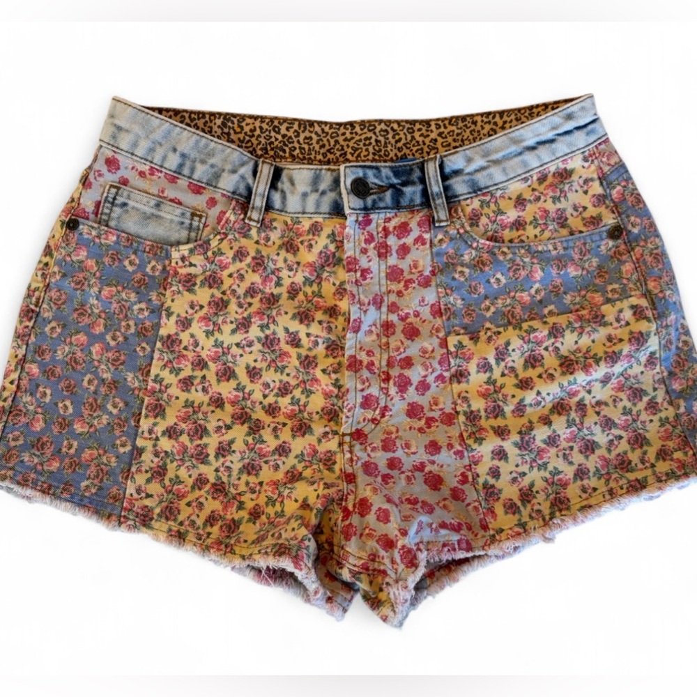 Farm Rio for Anthropologie Ultra High Rise Patchwork Denim Shorts Size 31
